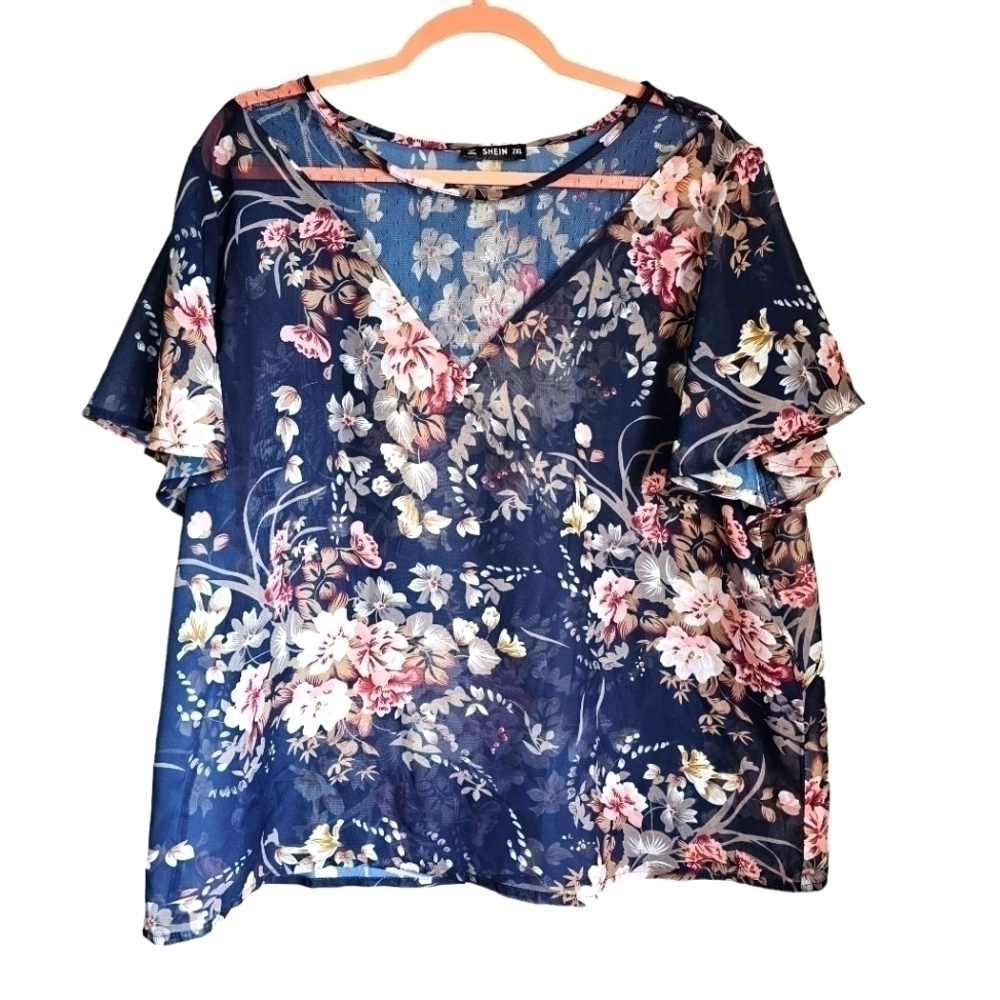 Floral sheer poncho blouse womens plus 2x